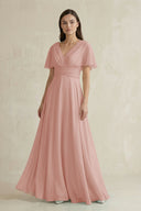 English Rose V-Neck Ruffled Sleeve A-Line Chiffon Bridesmaid Dress | KISSBRIDAL