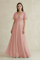 English Rose V-Neck Ruffled Sleeve A-Line Chiffon Bridesmaid Dress | KISSBRIDAL