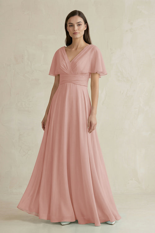 English Rose V-Neck Ruffled Sleeve A-Line Chiffon Bridesmaid Dress | KISSBRIDAL