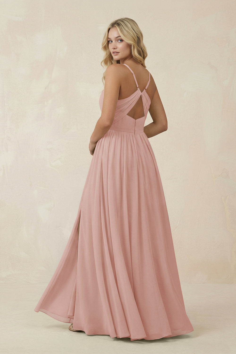 V-Neck Spaghetti Strap A-Line Chiffon Bridesmaid Dress in English Rose