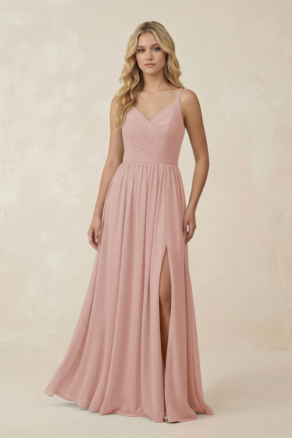 V-Neck Spaghetti Strap A-Line Chiffon Bridesmaid Dress in English Rose