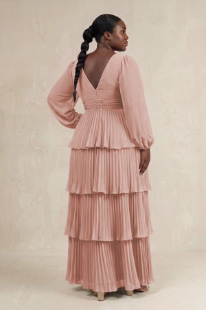 English Rose V-Neck Tiered A-Line Long Sleeve Bridesmaid Dress (2) [sizeplus] | KISSBRIDAL