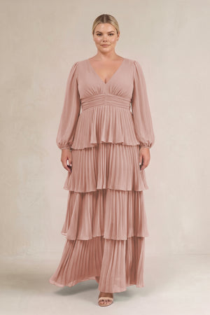 English Rose V-Neck Tiered A-Line Long Sleeve Bridesmaid Dress (3) [sizeplus] | KISSBRIDAL