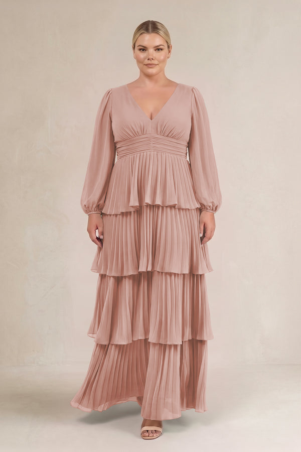 English Rose V-Neck Tiered A-Line Long Sleeve Bridesmaid Dress (3) [sizeplus] | KISSBRIDAL