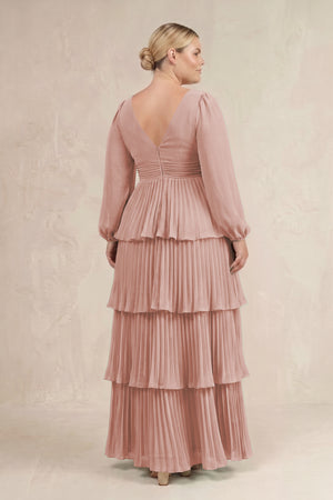 English Rose V-Neck Tiered A-Line Long Sleeve Bridesmaid Dress (4) [sizeplus] | KISSBRIDAL
