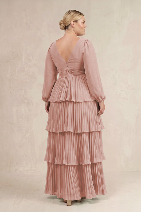 English Rose V-Neck Tiered A-Line Long Sleeve Bridesmaid Dress (4) [sizeplus] | KISSBRIDAL