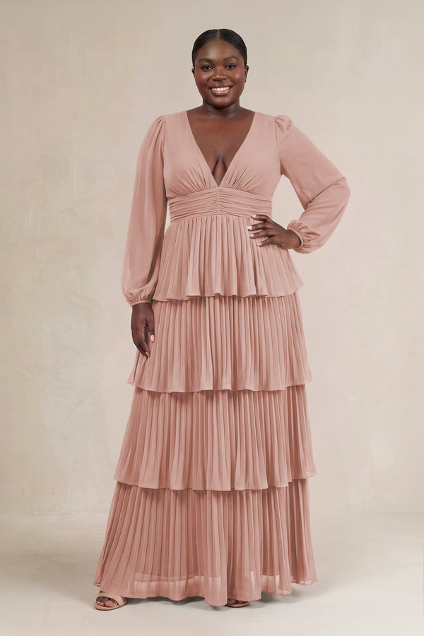 English Rose V-Neck Tiered A-Line Long Sleeve Bridesmaid Dress [sizeplus] | KISSBRIDAL