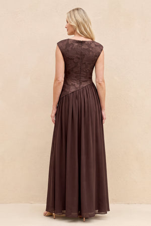 Espresso A-Line Boat Neck Jacquard Mother of the Bride Dress (2) | KISSBRIDAL