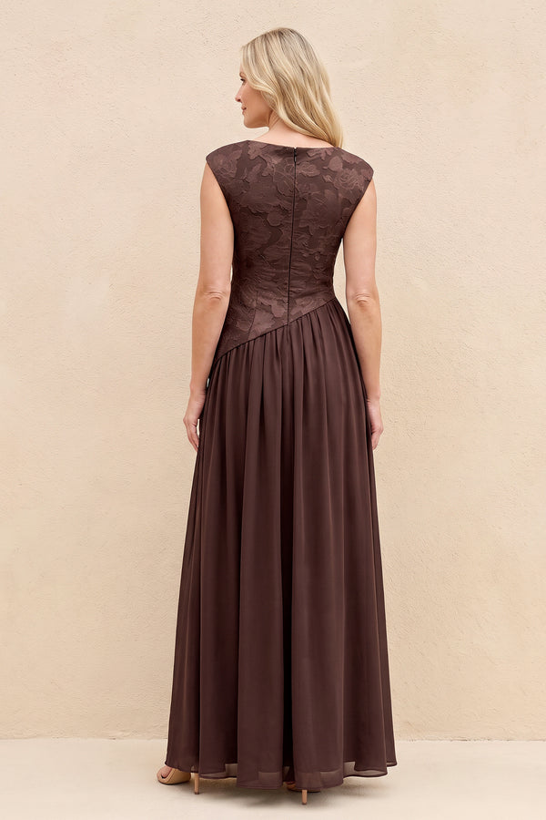 Espresso A-Line Boat Neck Jacquard Mother of the Bride Dress (2) | KISSBRIDAL