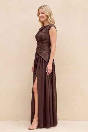 Espresso A-Line Boat Neck Jacquard Mother of the Bride Dress (3) | KISSBRIDAL