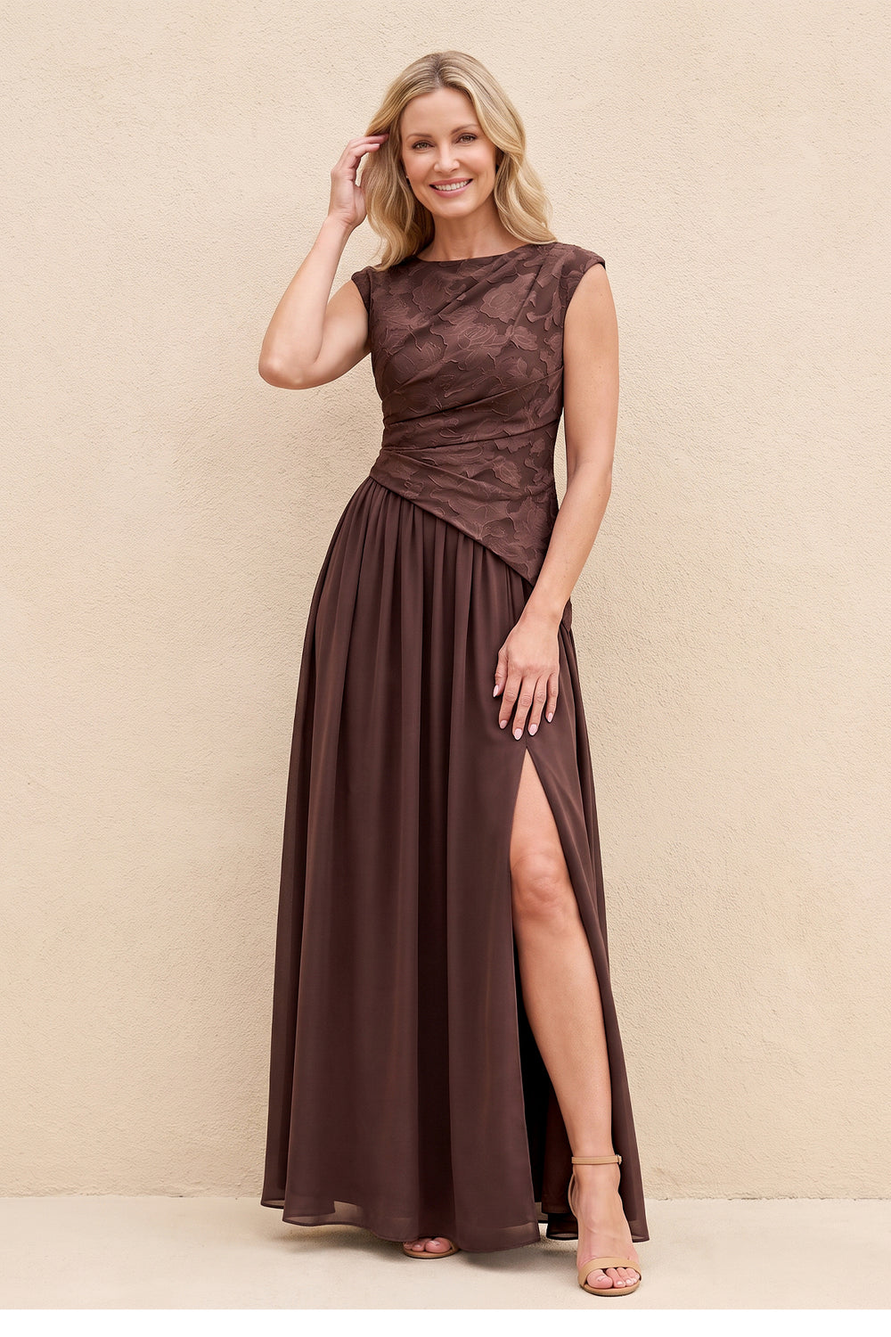 Espresso A-Line Boat Neck Jacquard Mother of the Bride Dress