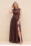 Espresso A-Line Boat Neck Jacquard Mother of the Bride Dress | KISSBRIDAL