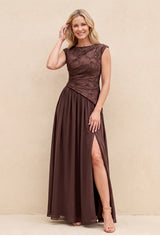 Espresso A-Line Boat Neck Jacquard Mother of the Bride Dress | KISSBRIDAL