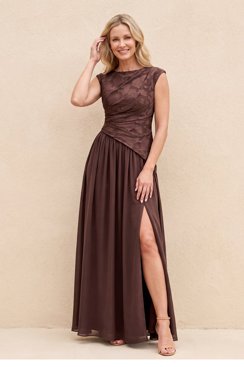 Espresso A-Line Boat Neck Jacquard Mother of the Bride Dress | KISSBRIDAL