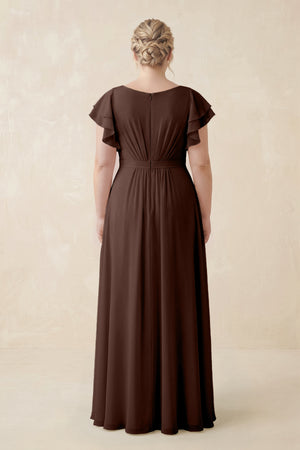 Espresso Cap Sleeve Ruffled A-Line Chiffon Bridesmaid Dress (2)  [sizeplus] | KISSBRIDAL