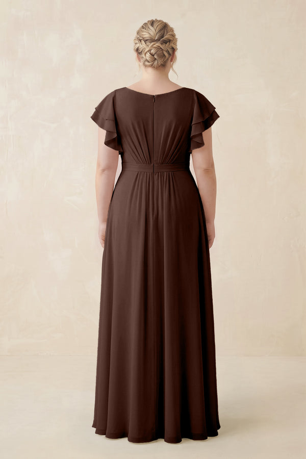 Espresso Cap Sleeve Ruffled A-Line Chiffon Bridesmaid Dress (2)  [sizeplus] | KISSBRIDAL