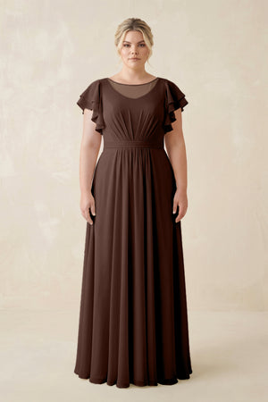 Espresso Cap Sleeve Ruffled A-Line Chiffon Bridesmaid Dress [sizeplus]  | KISSBRIDAL