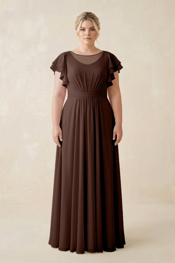 Espresso Cap Sleeve Ruffled A-Line Chiffon Bridesmaid Dress [sizeplus]  | KISSBRIDAL