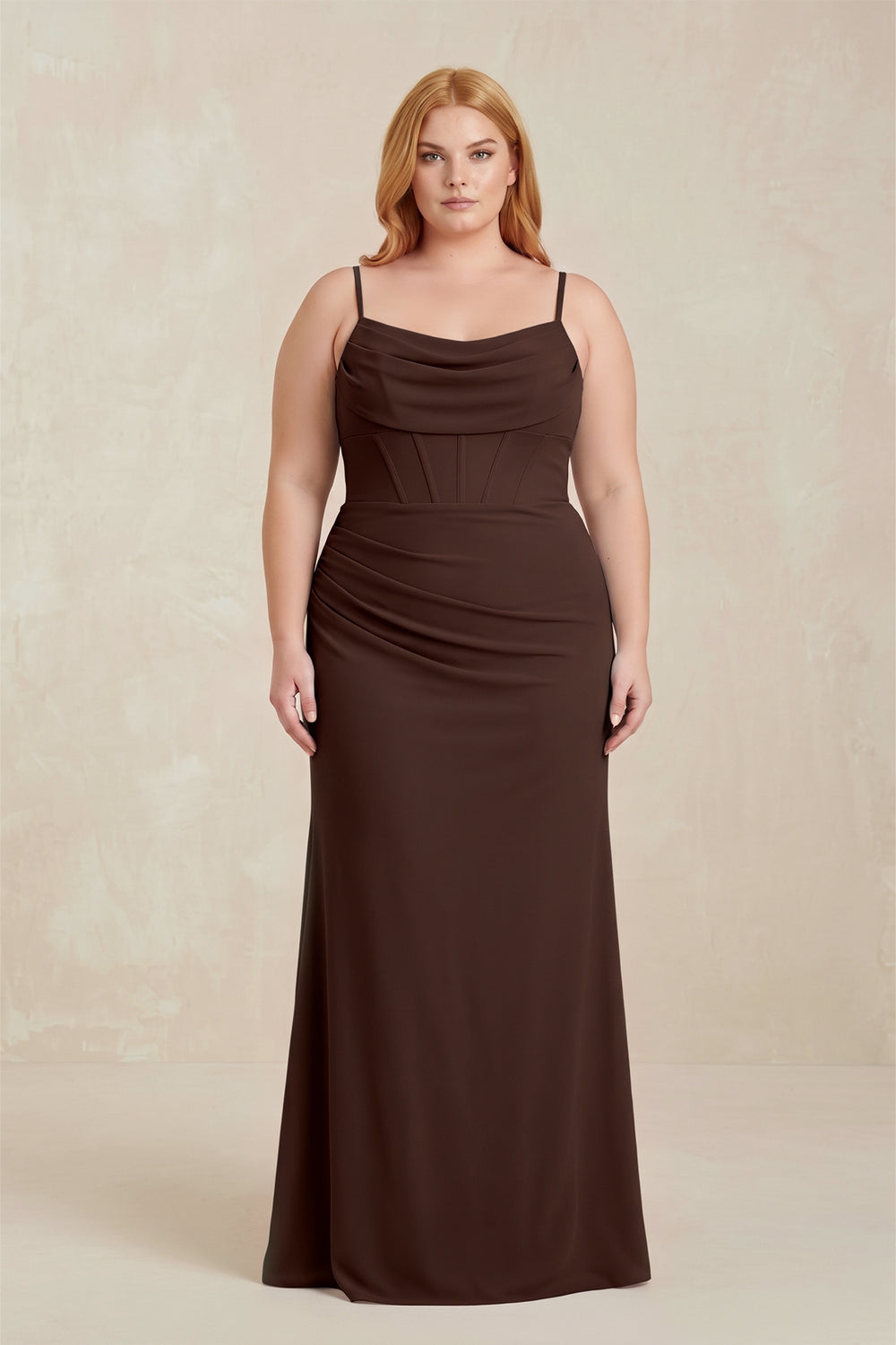 Cowl Neck Sheath Chiffon Bridesmaid Dress with Corset in Espresso