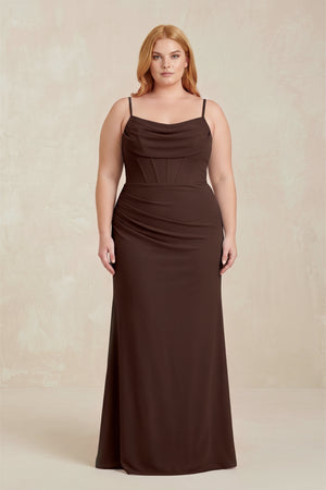 Espresso Cowl Neck Sheath Chiffon Bridesmaid Dress with Corset [sizeplus] | KISSBRIDAL