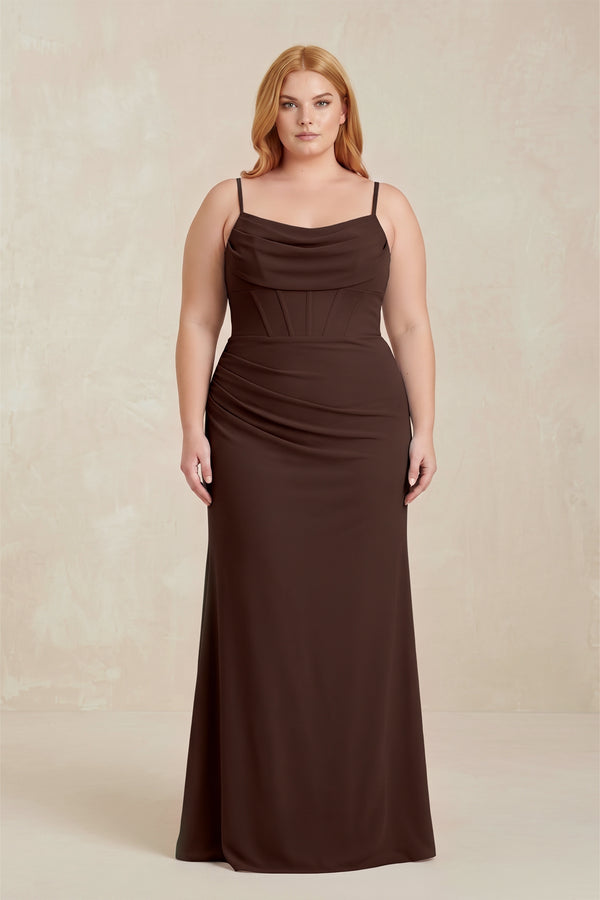 Espresso Cowl Neck Sheath Chiffon Bridesmaid Dress with Corset [sizeplus] | KISSBRIDAL