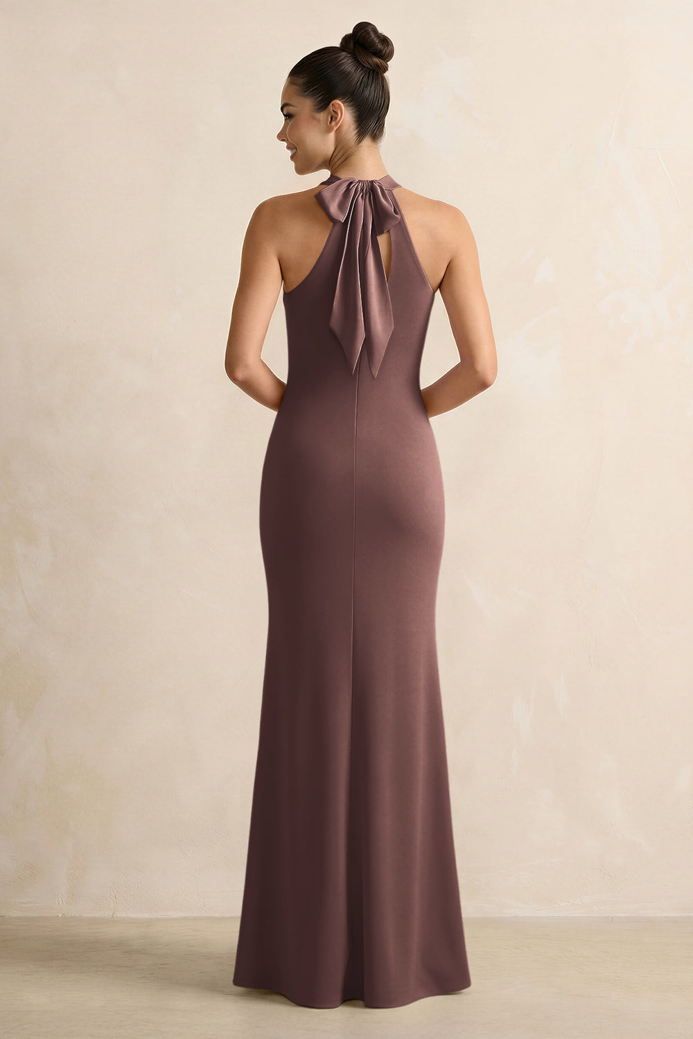 Crisscross Halter Sheath Satin Bridesmaid Dress with Bow in Espresso
