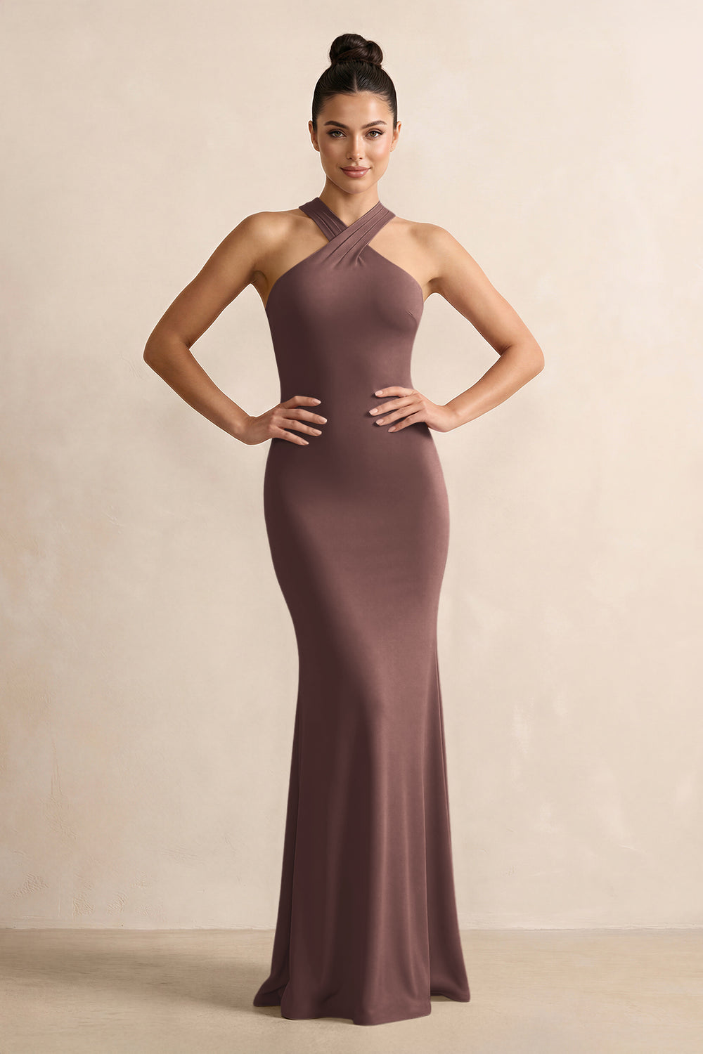Crisscross Halter Sheath Satin Bridesmaid Dress with Bow in Espresso
