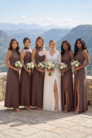 Espresso High Neck A-Line Bridesmaid Dress With Slit | KISSBRIDAL