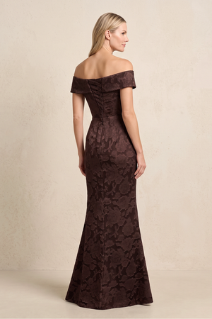 Espresso Jacquard Mermaid Off-the-Shoulder Mother of the Bride Dress (2) | KISSBRIDAL