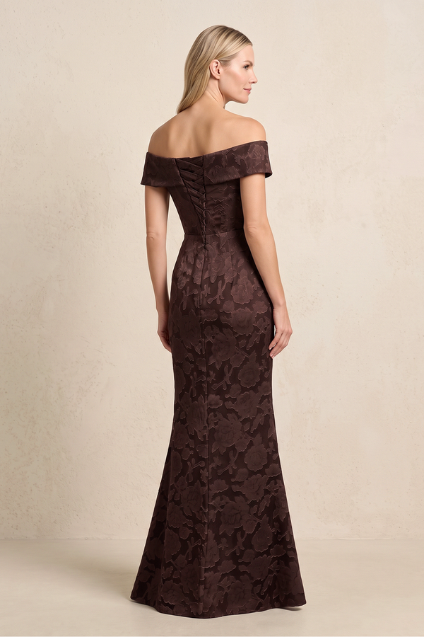 Espresso Jacquard Mermaid Off-the-Shoulder Mother of the Bride Dress (2) | KISSBRIDAL