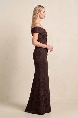Espresso Jacquard Mermaid Off-the-Shoulder Mother of the Bride Dress (3) | KISSBRIDAL