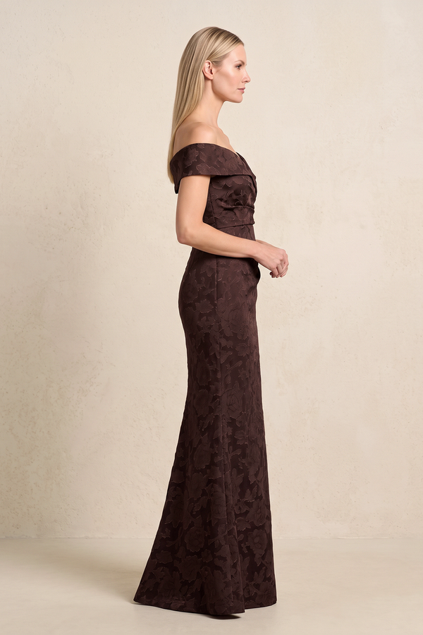 Espresso Jacquard Mermaid Off-the-Shoulder Mother of the Bride Dress (3) | KISSBRIDAL