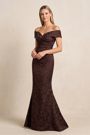 Espresso Jacquard Mermaid Off-the-Shoulder Mother of the Bride Dress | KISSBRIDAL