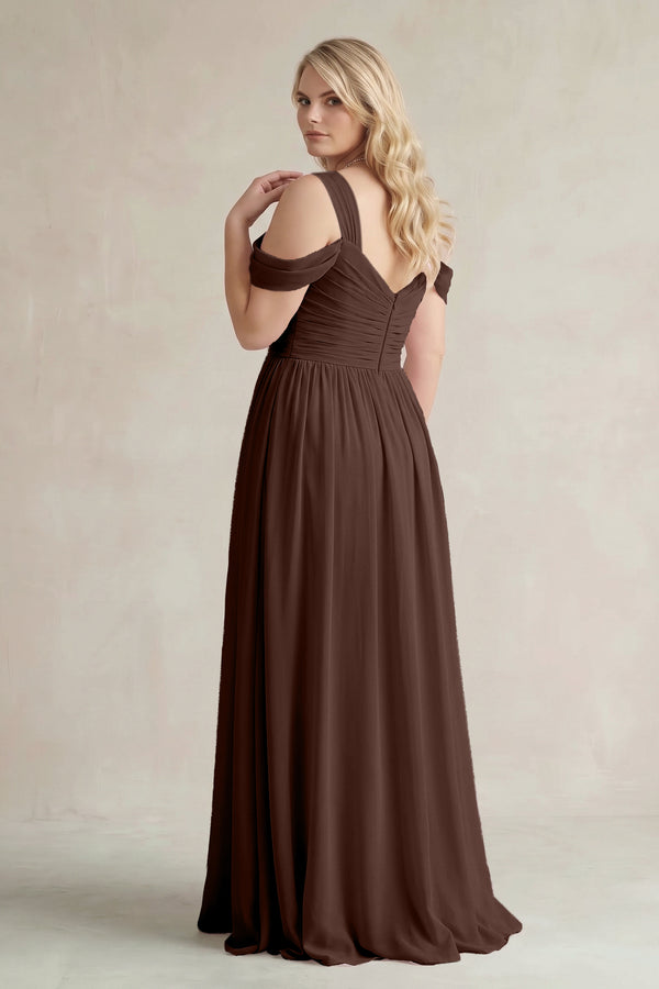 Espresso Off-the-Shoulder A-Line Chiffon Bridesmaid Dress With Slit (2)  [sizeplus] | KISSBRIDAL
