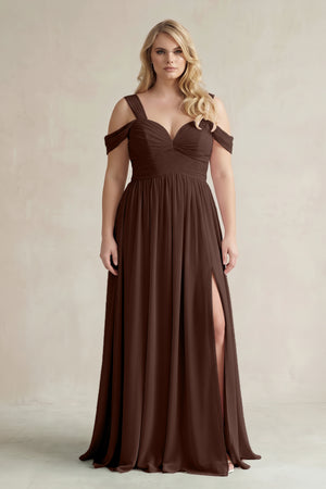Espresso Off-the-Shoulder A-Line Chiffon Bridesmaid Dress With Slit [sizeplus]  | KISSBRIDAL
