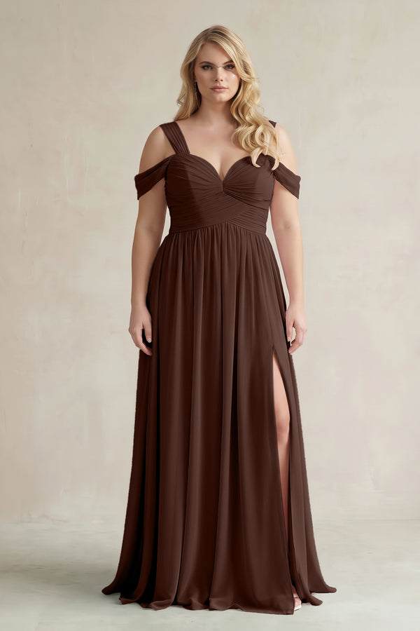 Espresso Off-the-Shoulder A-Line Chiffon Bridesmaid Dress With Slit [sizeplus]  | KISSBRIDAL