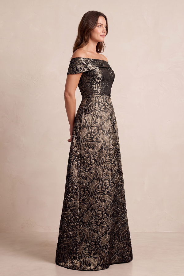 Espresso Off-the-Shoulder Jacquard A-Line Mother of the Bride Dress (2) | KISSBRIDAL