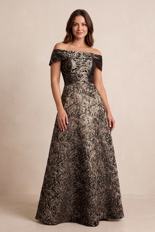 Espresso Off-the-Shoulder Jacquard A-Line Mother of the Bride Dress (3) | KISSBRIDAL