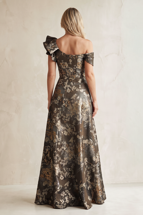 Espresso Off-the-Shoulder Jacquard A-Line Mother of the Bride Dress with Ruffled (2) | KISSBRIDAL