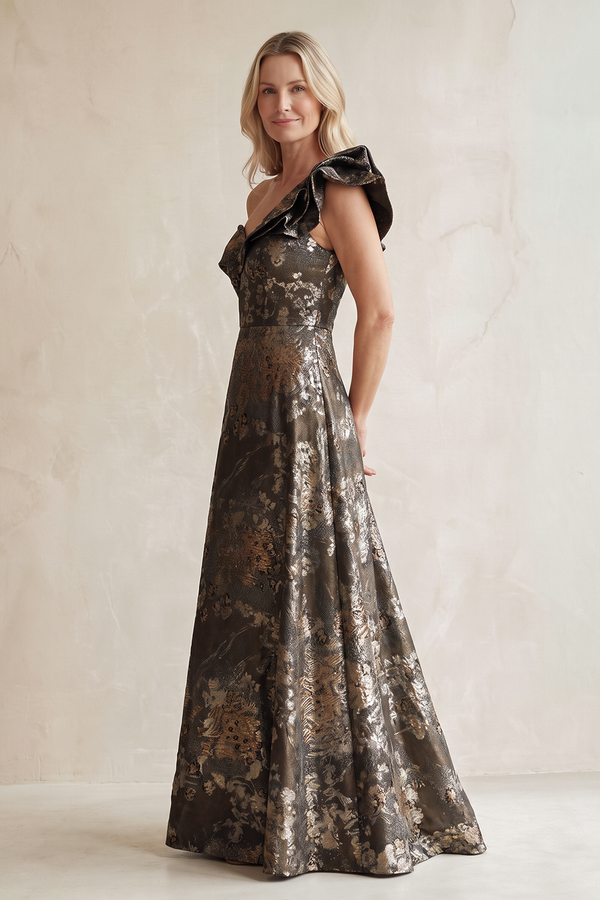 Espresso Off-the-Shoulder Jacquard A-Line Mother of the Bride Dress with Ruffled (3) | KISSBRIDAL