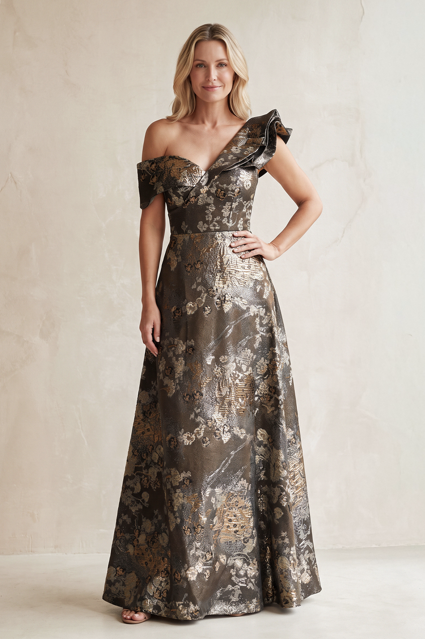 Espresso Off-the-Shoulder Jacquard A-Line Mother of the Bride Dress with Ruffled