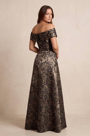 Espresso Off-the-Shoulder Jacquard A-Line Mother of the Bride Dress | KISSBRIDAL