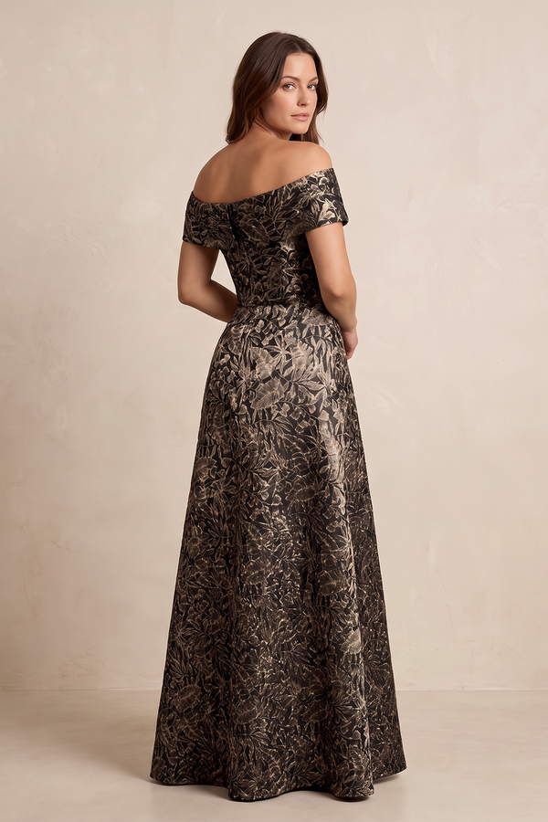 Espresso Off-the-Shoulder Jacquard A-Line Mother of the Bride Dress | KISSBRIDAL