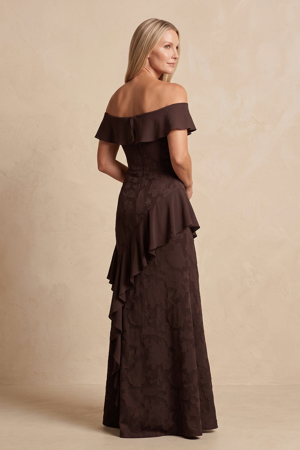 Espresso Off-the-Shoulder Jacquard Sheath Mother of the Bride Dress with Ruffles
