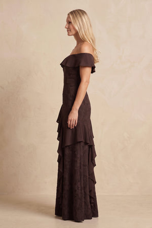 Espresso Off-the-Shoulder Jacquard Sheath Mother of the Bride Dress with Ruffles (3)| KISSBRIDAL