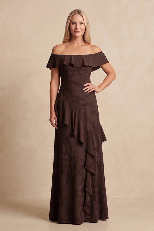 Espresso Off-the-Shoulder Jacquard Sheath Mother of the Bride Dress with Ruffles | KISSBRIDAL