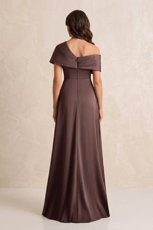Espresso One-Shoulder Satin A-Line Ruched Mother of the Bride Dress with Slit (2) | KISSBRIDAL
