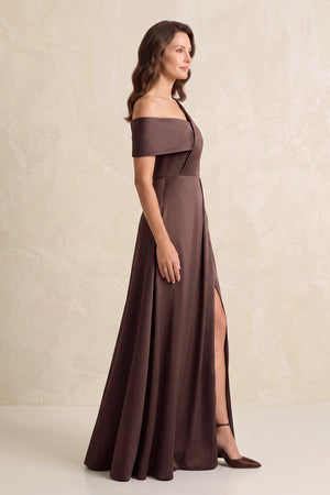 Espresso One-Shoulder Satin A-Line Ruched Mother of the Bride Dress with Slit (3) | KISSBRIDAL