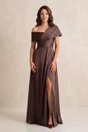 Espresso One-Shoulder Satin A-Line Ruched Mother of the Bride Dress with Slit | KISSBRIDAL