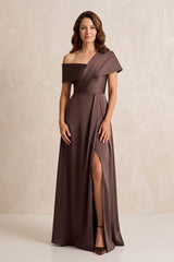 Espresso One-Shoulder Satin A-Line Ruched Mother of the Bride Dress with Slit | KISSBRIDAL